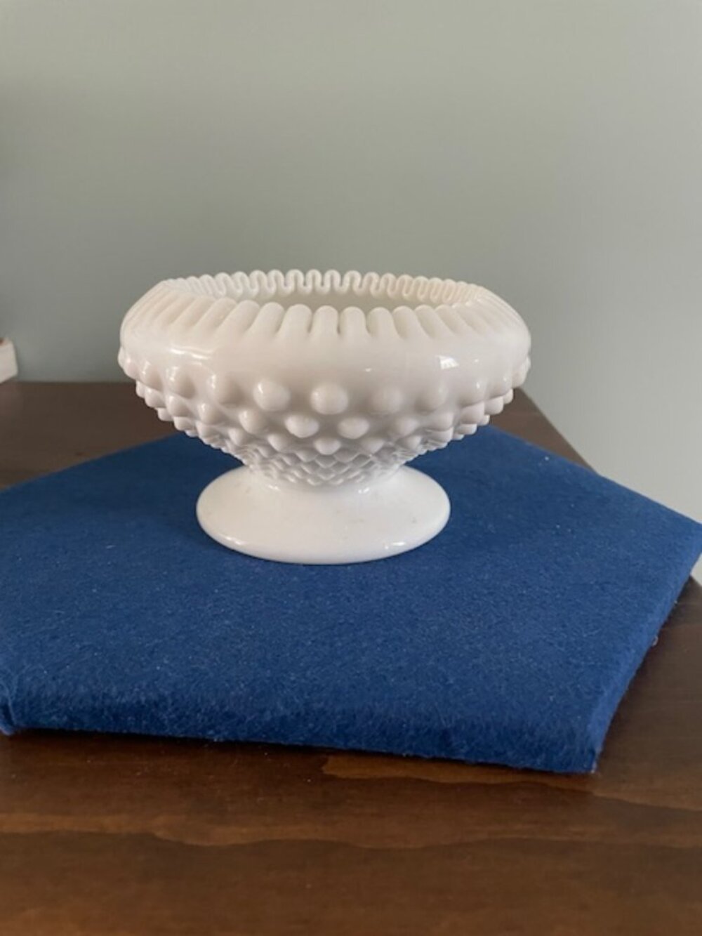 Fenton Hobnail Milk Glass Pedestal Candy Nut Dish with ruffled edges